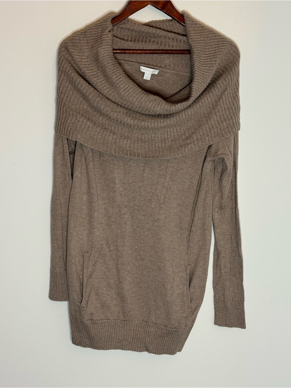 New York & Company Cowl Neck Tunic Sweater Womens Small Taupe Pocketed